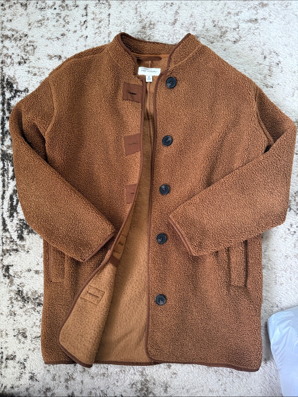 Women's Brown Sherpa Pea Coat- Cozy Button-Front